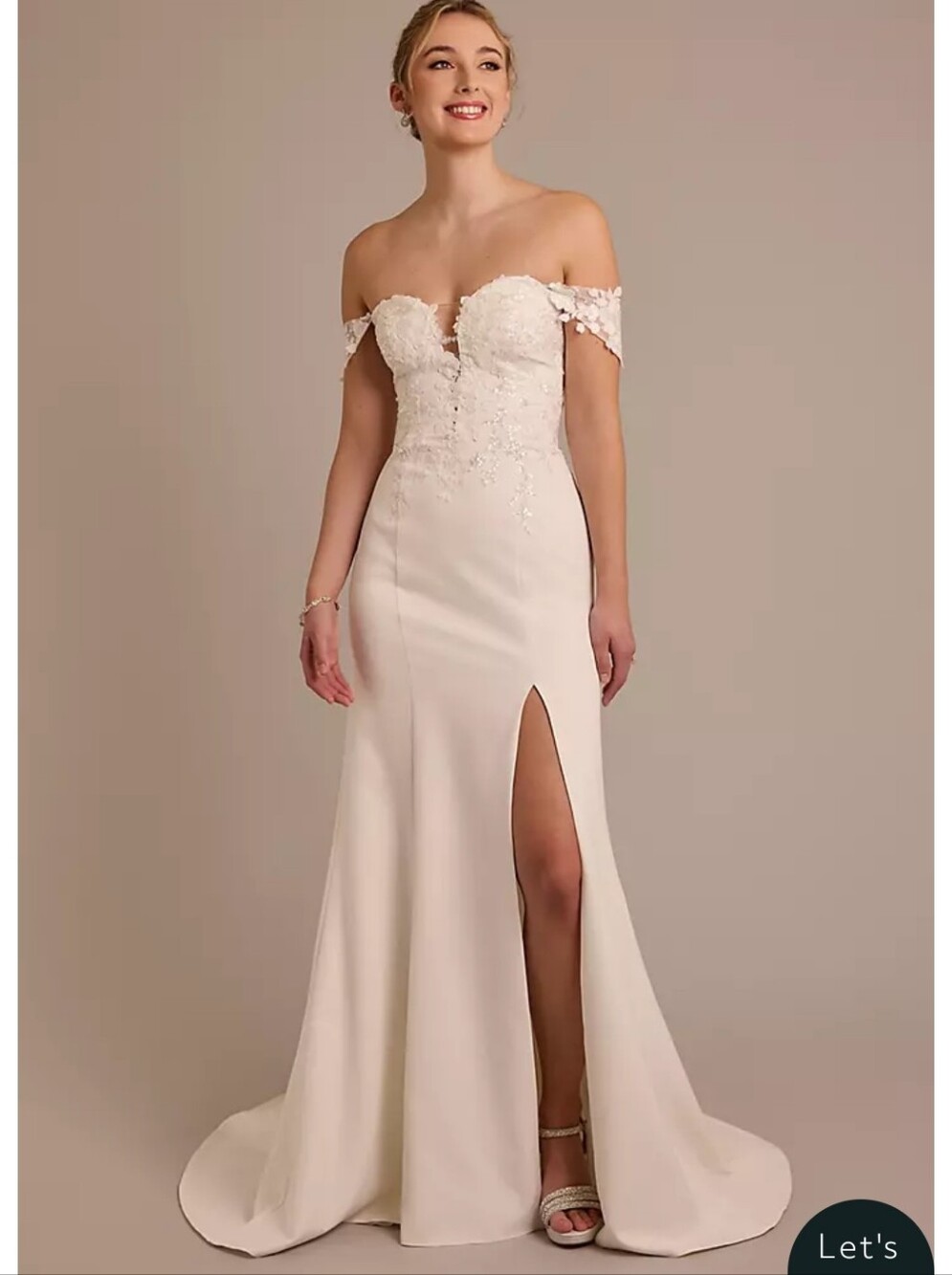 Davids Bridal Off-Shoulder Wedding Dress Thigh Slit